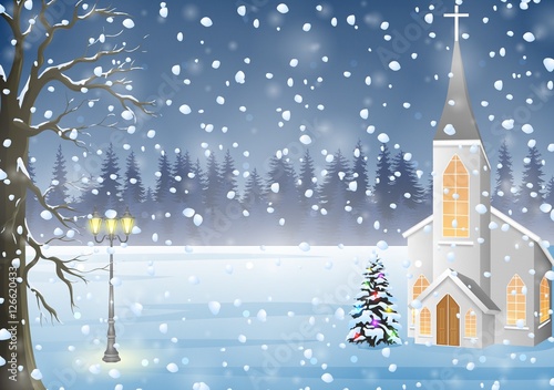 Winter landscape with church, Christmas night background