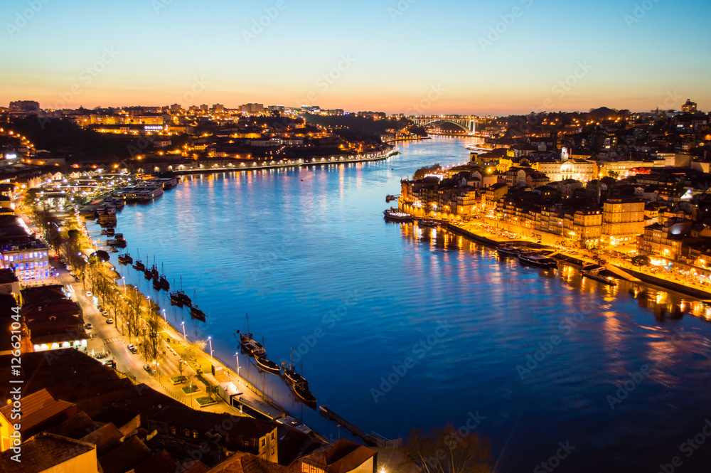 Porto evening skyline cityscape with Douro River in Porto, Portugal