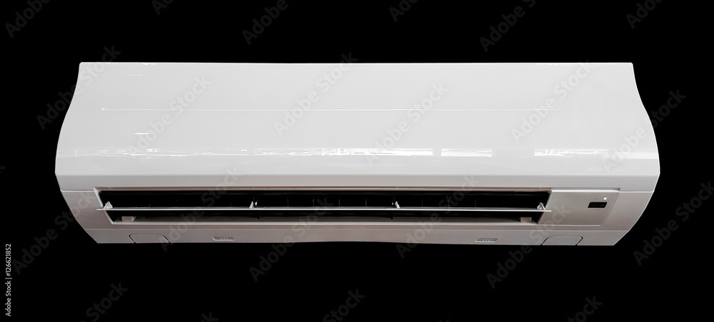 Front view of white air condition isolated on black background. Front view of white air condition isolated on black background.