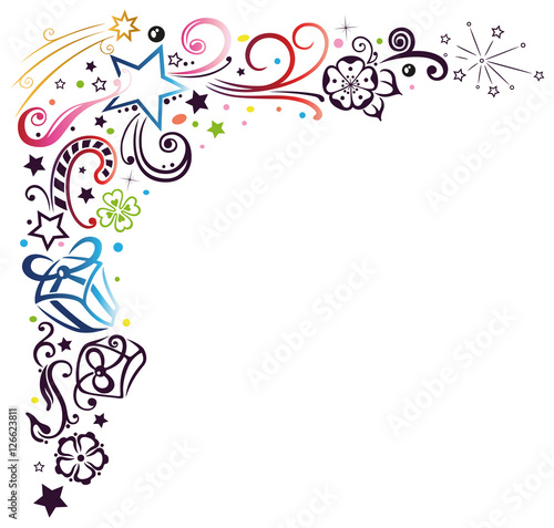 Silvester Party Dekoration. Geschenke, Feuerwerk und Sterne.