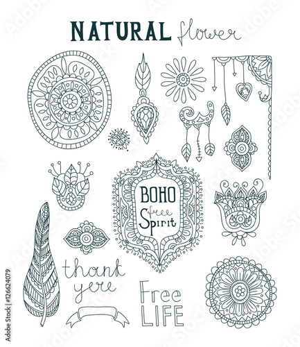 Set of ornamental Boho style.  Flowers, feathers, leaves. Bird feathers. Vintage