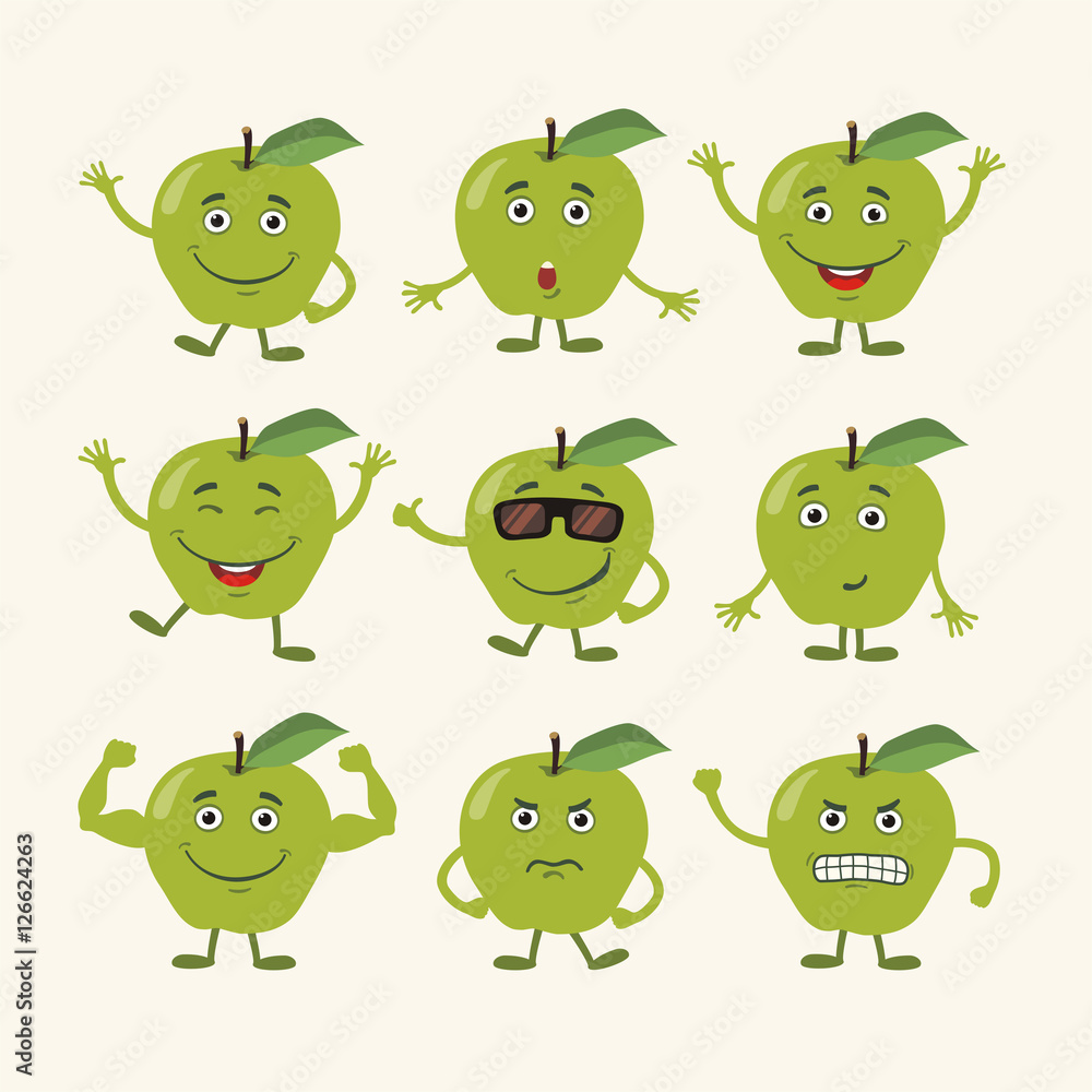 Obraz premium Vector set isolated funny apple. Collection cute apple in cartoon style.