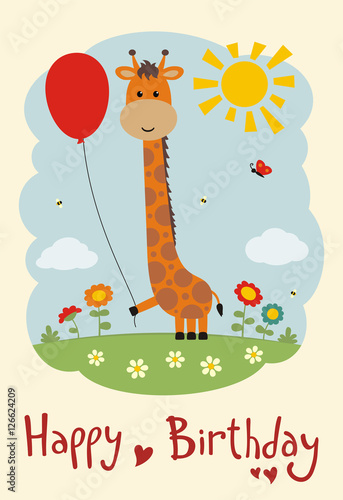 Happy birthday! Funny giraffe with balloon on flower meadow. Card in cartoon style.