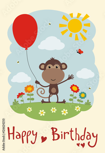 Happy birthday  Funny monkey with balloon on flower meadow. Card in cartoon style.
