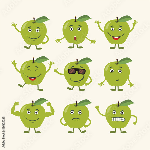 Vector set isolated funny apple. Collection cute apple in cartoon style.