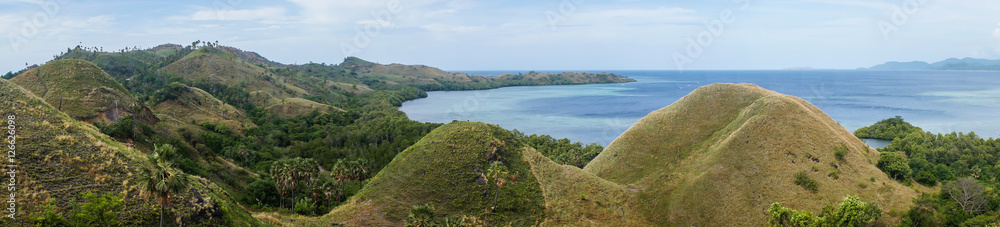 Collines et mer près de Labuan Bajo, Flores, Indonesie