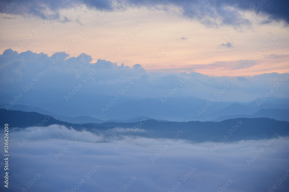 Landscape Mountain and mist in the morning at Doi Pha Chu in Si Nan National Park, Nan Province, Thailand