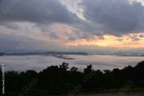 Landscape Mountain and mist in the morning at Doi Pha Chu in Si Nan National Park, Nan Province, Thailand © jejejune