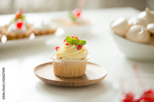 Cupcake served on the plate, crowned with a glorious buttercream, pomegranate and mint leaf