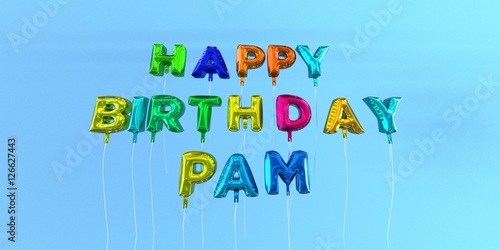 Happy Birthday Pam card with balloon text - 3D rendered stock image. This image can be used for a eCard or a print postcard.