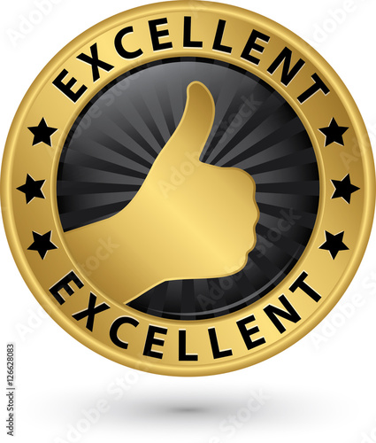 Excellent golden sign with thumb up, vector illustration