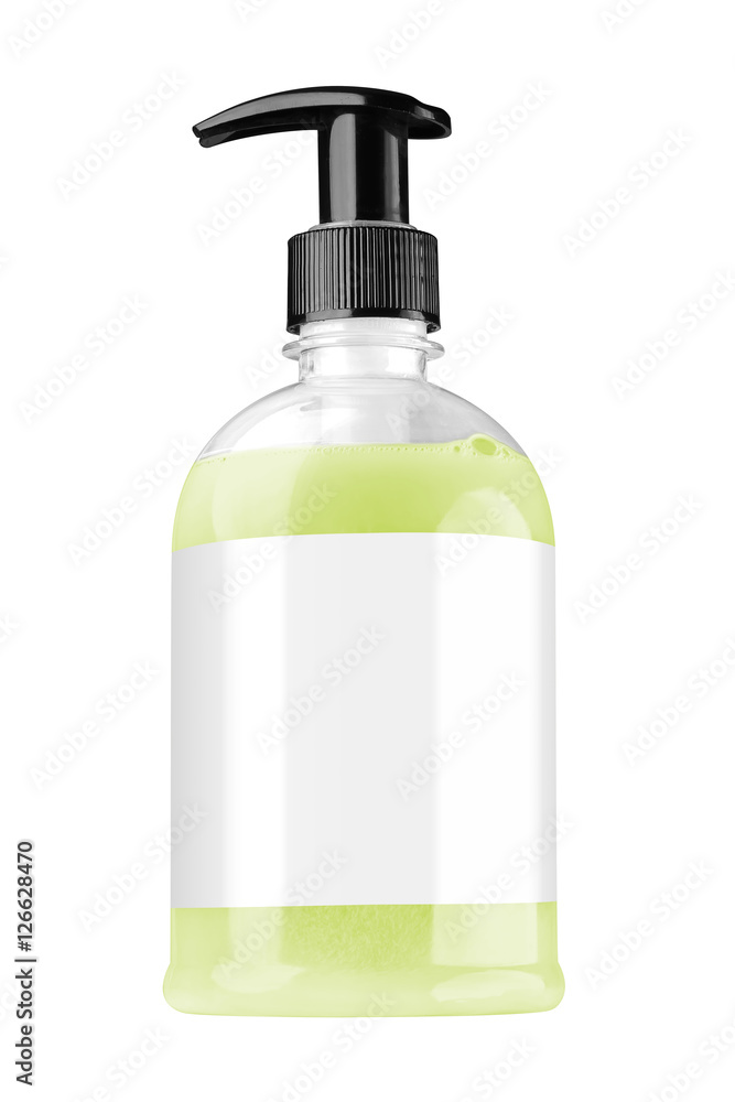 Fototapeta premium Transparent plastic bottle with green liquid hand soap, blank label