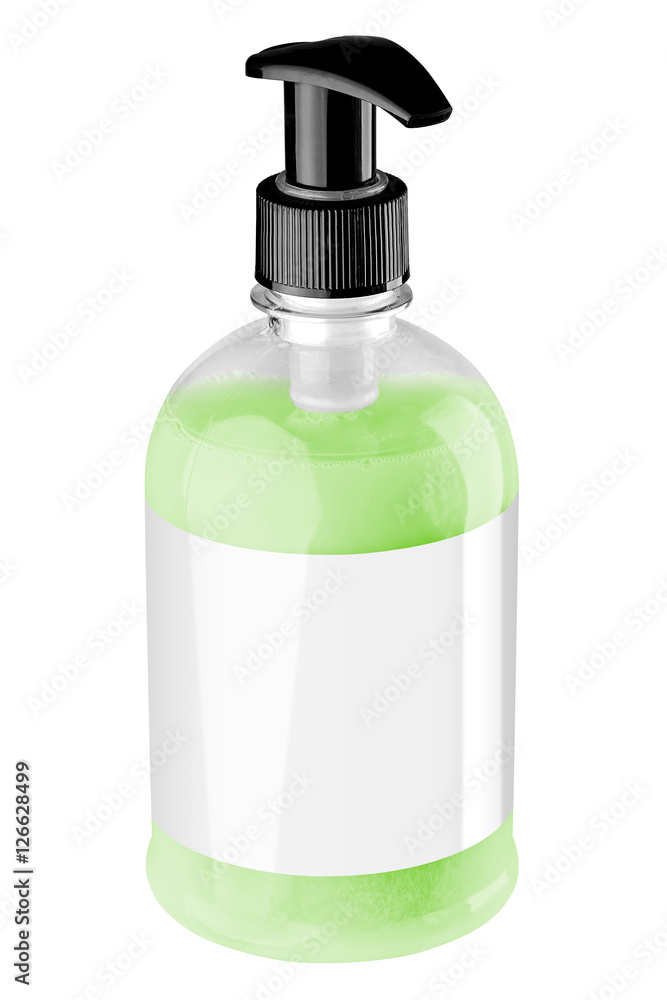 Transparent plastic bottle with green liquid hand soap, blank la Transparent plastic bottle with green liquid hand soap, blank la