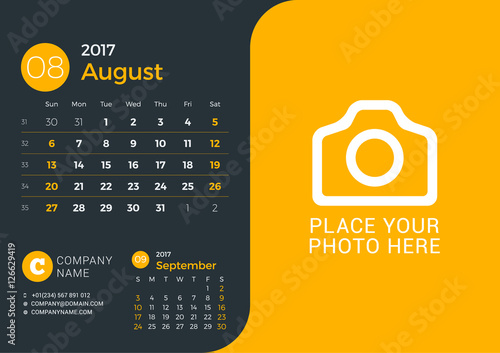 Calendar Template for 2017 Year. Vector Print Template with Place for Photo and Company Information on Dark Background. August 2017. Week Starts Sunday. 3 Months on Page