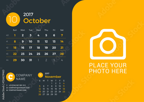 Calendar Template for 2017 Year. Vector Print Template with Place for Photo and Company Information on Dark Background. October 2017. Week Starts Sunday. 3 Months on Page