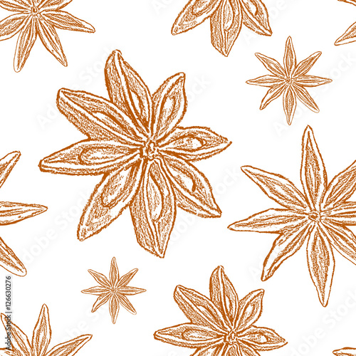 Star anise, badian illustration isolated on white background, Hand drawn graphic vector sketch, Seamless pattern, Design organic food spice ingredient for healthy market, restaurant menu, cosmetic