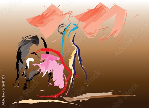 The Spanish bullfighter in a bullring with a bull

