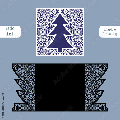 Laser cut christmas square card template. Cut out the paper card with lace pattern.  Greeting card template for cutting plotter. Congratulation to Christmas or New Year.  Metal plate cut by laser.