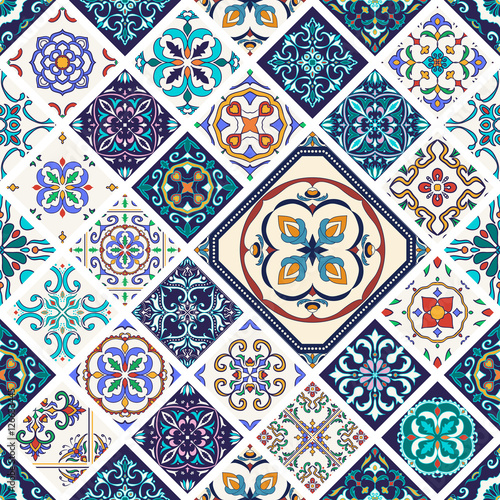 Vector seamless texture. Beautiful mega patchwork pattern for design and fashion with decorative elements in rhombus