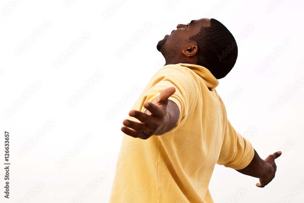 African American man with open arms. Man with open arms. Carefree
