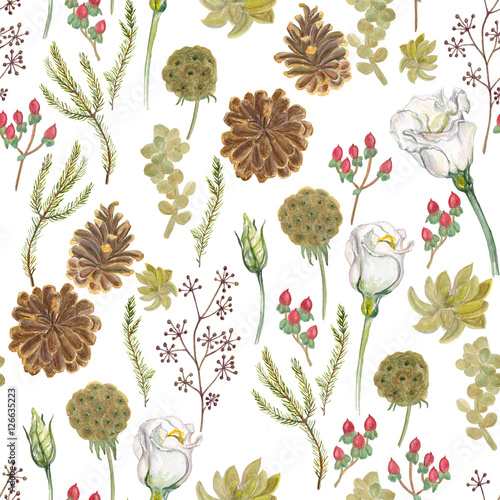 WAtercolor painting seamless pattern  with succulent and liziantus flowers. Winter floral background photo