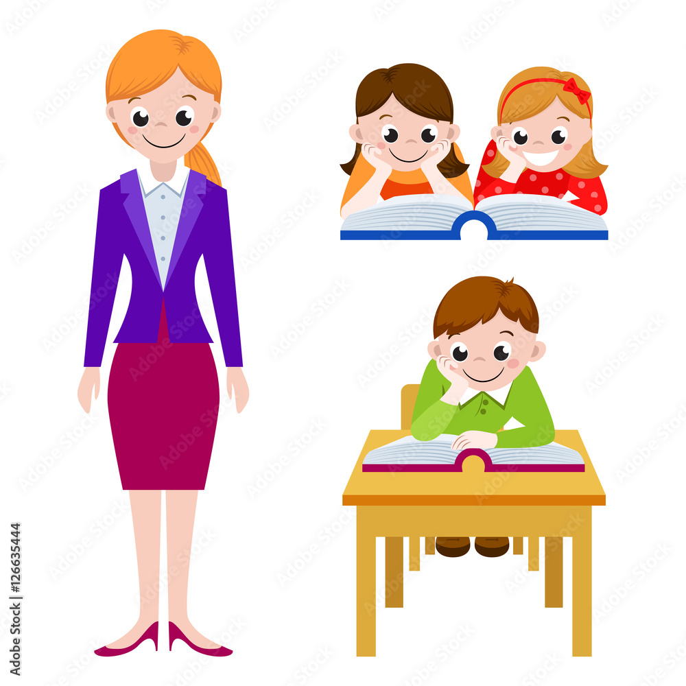 cute children reading books in class, teacher. Icon for education. Vector illustration, isolated on white background cute children reading books in class, teacher. Icon for education. Vector illustration, isolated on white background