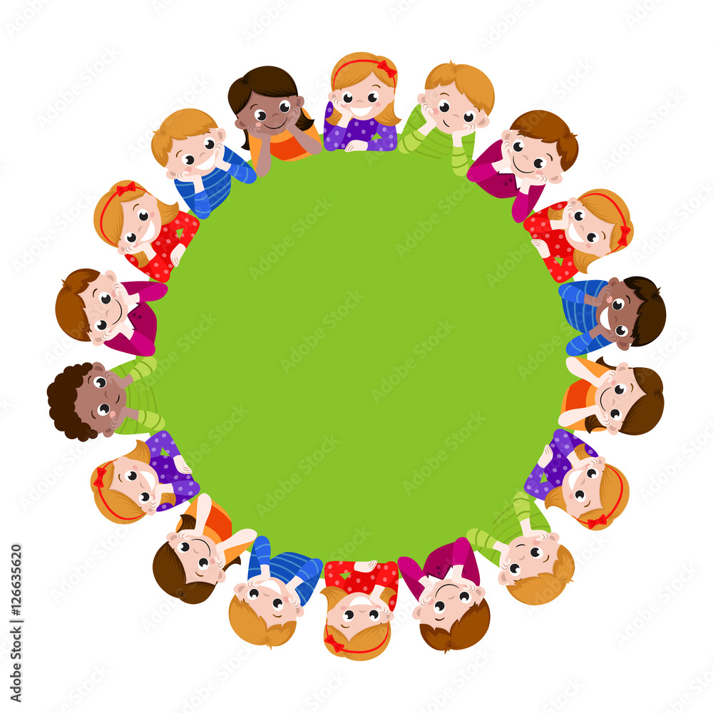 happy boys and girls lying on a green grass round for poster, banner. Vector illustration, isolated on white background happy boys and girls lying on a green grass round for poster, banner. Vector illustration, isolated on white background