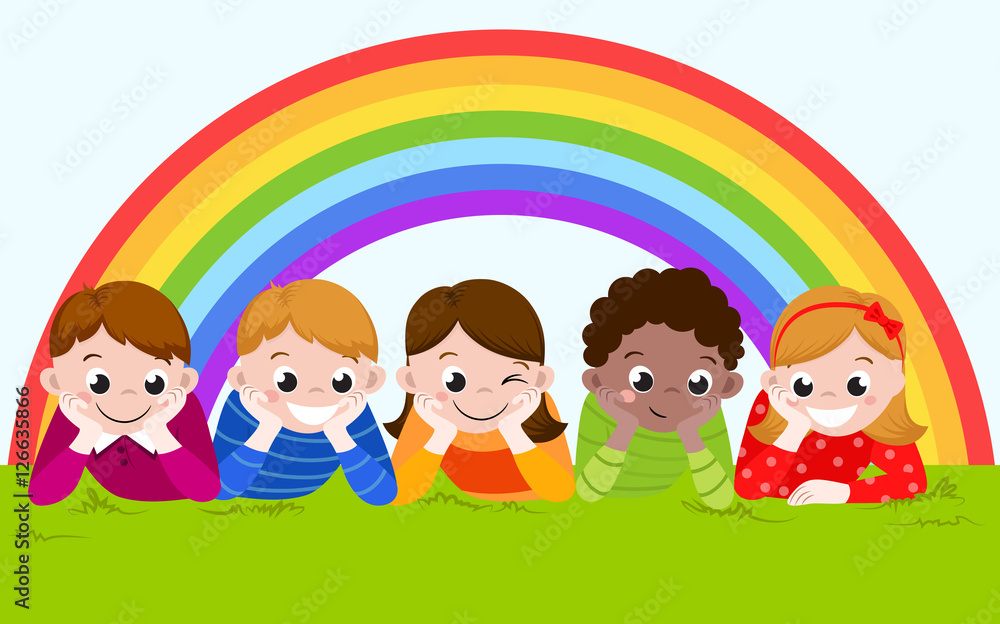 happy boys and girls lying on a green grass with rainbow. Vector illustration