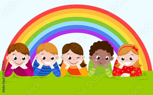 happy boys and girls lying on a green grass with rainbow. Vector illustration
