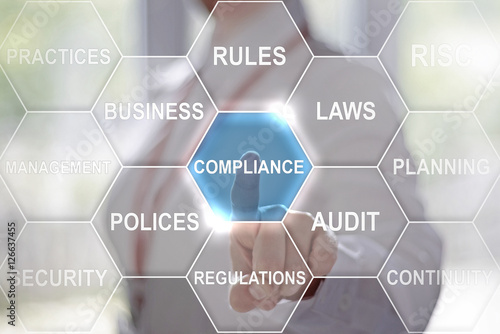 Businesswoman presses compliance word with cloud tag on virtual screen. Woman touched compliance icon. Company, strategy, business, finance, work concept, rules, polices, audit. 