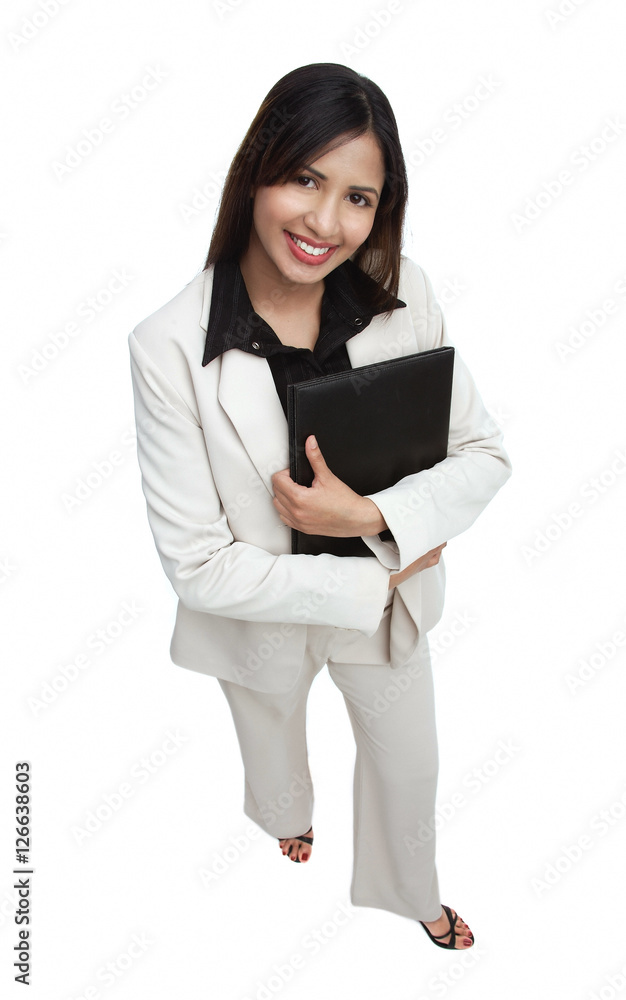 Businesswoman looking up at camera Businesswoman looking up at camera