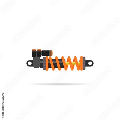 Modern shock absorber for a bicycle or motorcycle isolated on white background. The spring shock absorber with expansion tank.