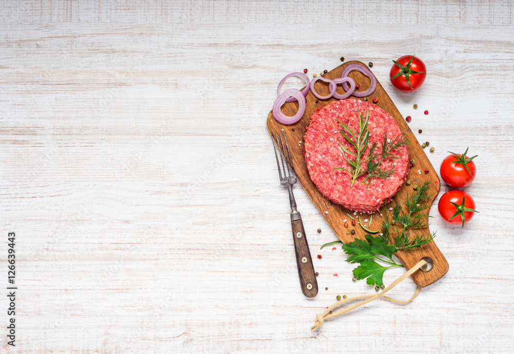 Raw Ground Burger Meat with Vegetables and Copy Space Raw Ground Burger Meat with Vegetables and Copy Space
