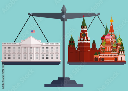 Vector flat style scales. The White House Washington on one side and the Moscow Kremlin the other.