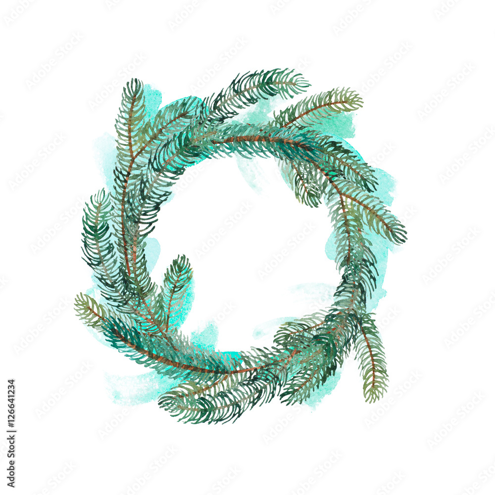 Watercolor Christmas wreath of spruce branch and splash Watercolor Christmas wreath of spruce branch and splash
