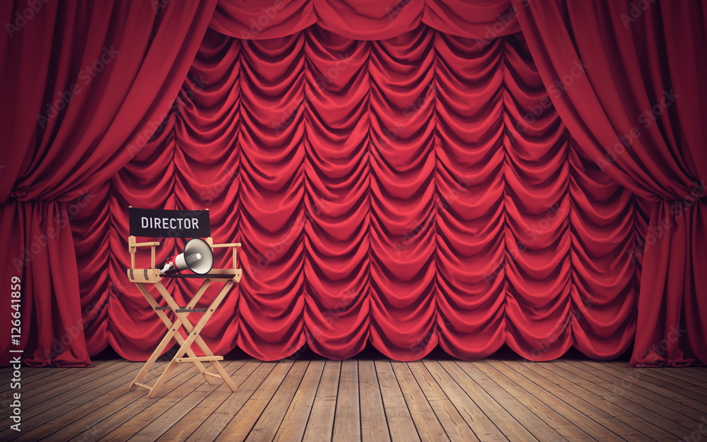 Obraz premium Director's chair on stage with red curtains. 3D rendering