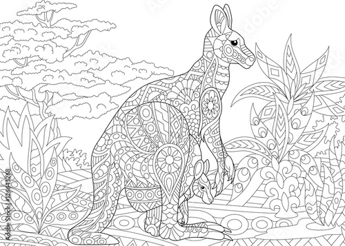 Stylized australian kangaroo family - mother and her young cub in jungle landscape. Freehand sketch for adult anti stress coloring book page with doodle and zentangle elements.