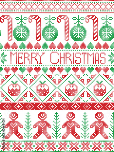 Scandinavian style and Nordic culture inspired Merry Christmas seamless card in winter pattern including gingerbread man, candy cane, bauble, Christmas Pudding, in stitch, in red , green 