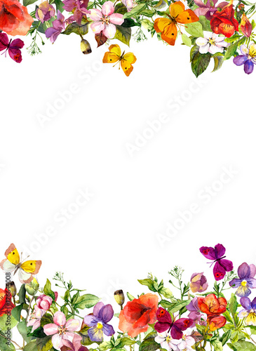 Spring, summer garden: flowers, grass, herbs, butterflies. Floral pattern. Watercolor