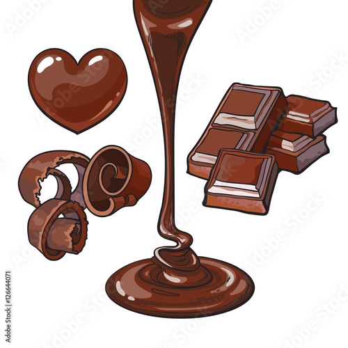Set of chocolate - heart shaped candy, shaving, bar and liquid, sketch style vector illustrations isolated on white background. Chocolate flowing down, square pieces, shavings and candies
