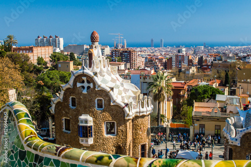 One of the buildings on the entrance to the Park Guell by Antoni Gaudi. Barcelona, Catalonia, Spain
