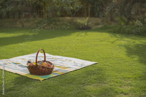Canvas Print Picnic basket on blanket on grass