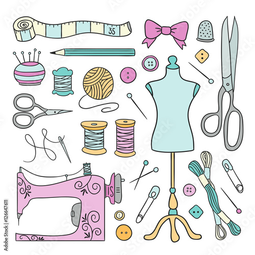 Sewing hand drawn illustrations. Hand made sew and needlework objects