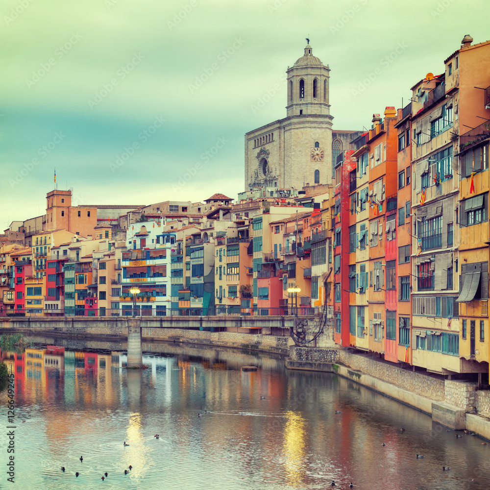 historical jewish quarter in Girona, view of the river, Barcelona, Spain, Catalonia. Creative vintage filter affect