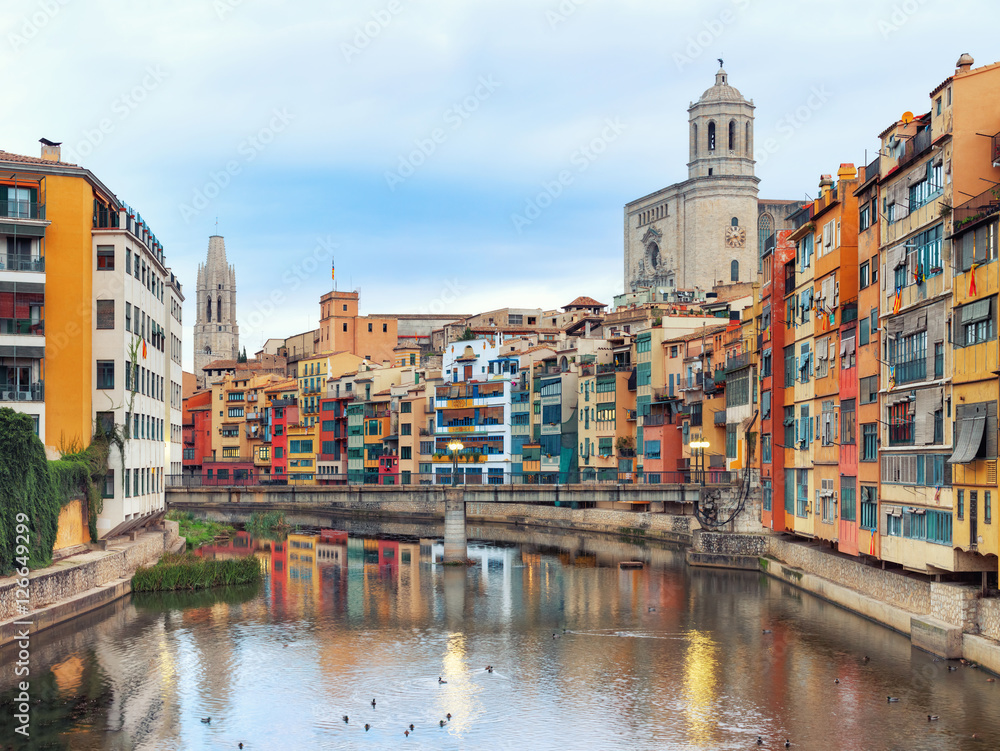 historical jewish quarter in Girona, view of the river, Barcelona, Spain, Catalonia