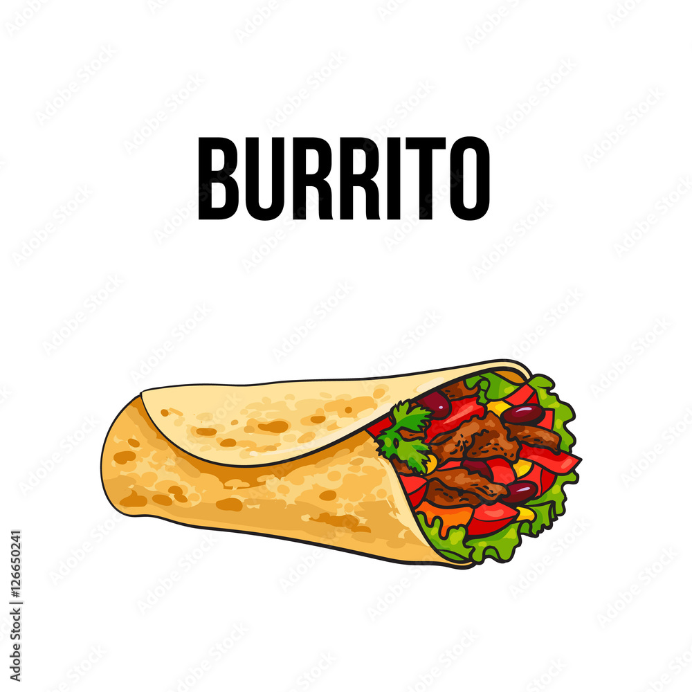 Burrito, traditional Mexican food, ground meet with vegetables rolled