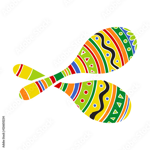 Pair of traditional Mexican brightly colored maracas or rumba shakers, vector illustration isolated on white background. Couple of hand drawn Mexican maracas
