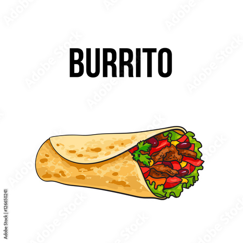 Burrito, traditional Mexican food, ground meet with vegetables rolled into tortilla, sketch vector illustration on white background. Hand drawn Mexican burrito - corn, wheat tortilla with meat filling photo
