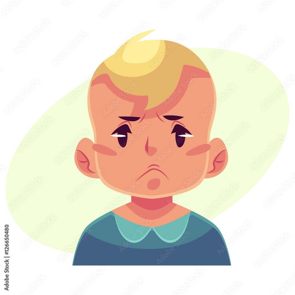 Little boy face, angry facial expression, cartoon vector illustrations isolated on yellow background. Blond male kid emoji face, feeling distressed, frustrated, sullen, upset. Angry face expression Little boy face, angry facial expression, cartoon vector illustrations isolated on yellow background. Blond male kid emoji face, feeling distressed, frustrated, sullen, upset. Angry face expression