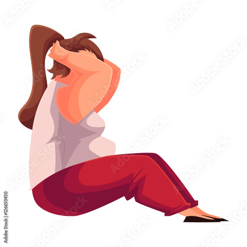 Fat woman doing sit ups, cartoon vector illustration isolated on white background. Obese, fat, chubby woman training her abdominal muscles, doing sit ups, getting fit